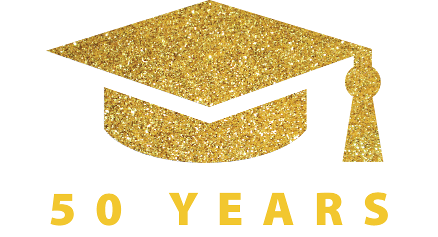 golden colored grad cap with number 50